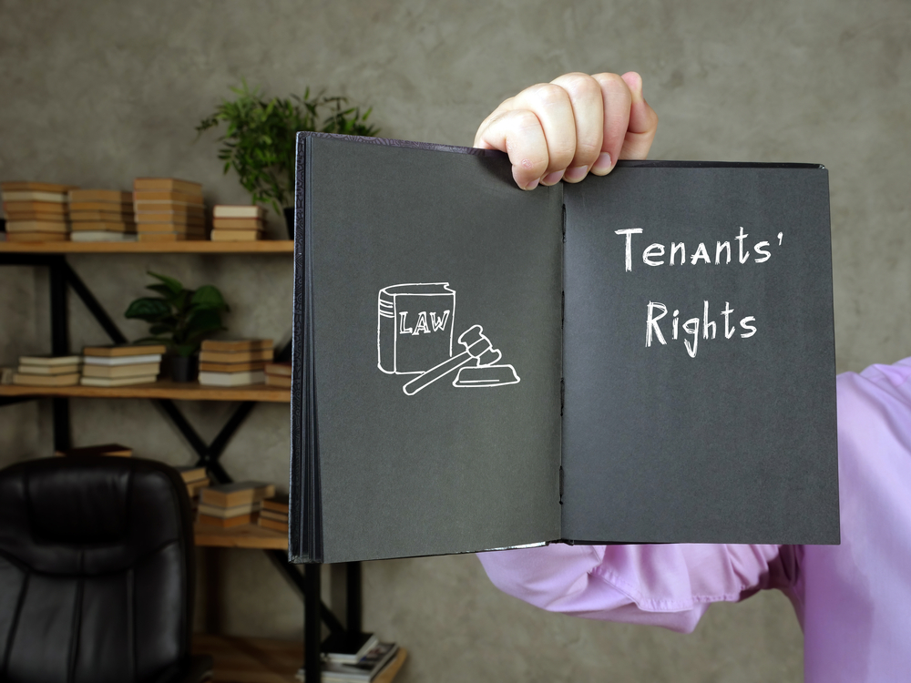A hand holding a book for tenant rights