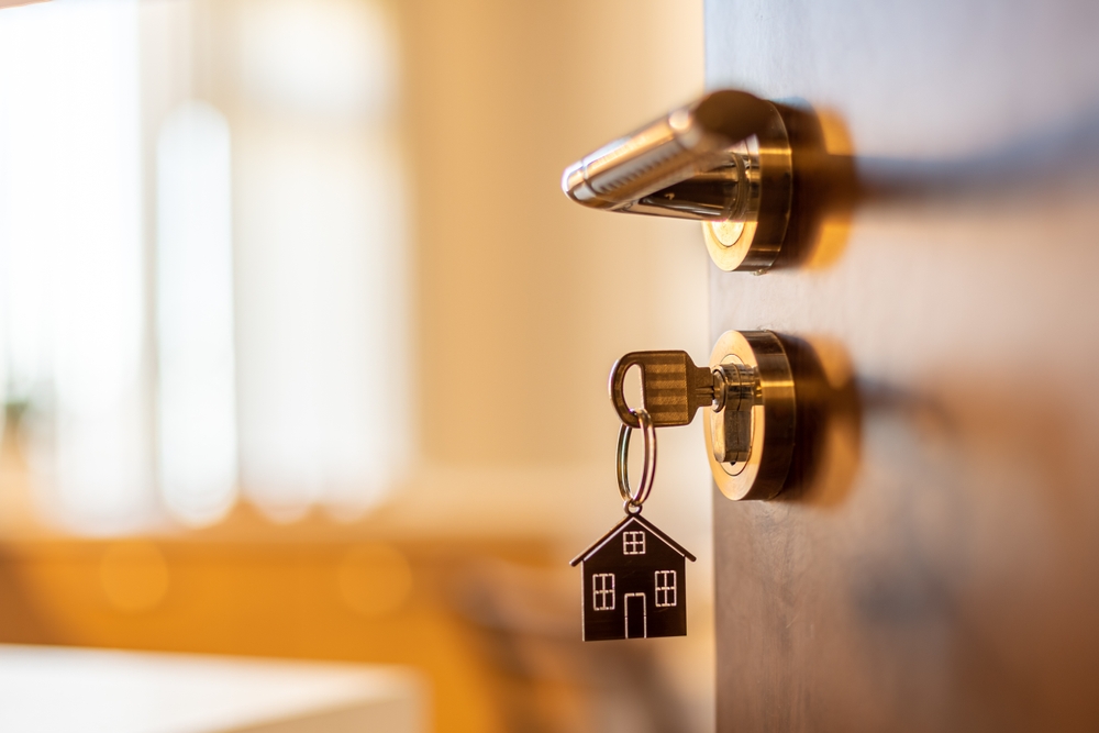 Close-up of door with a deadbolt and lock for apartment security