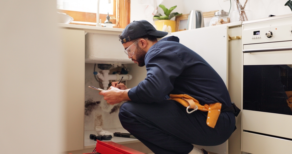 An apartment maintenance worker working on the sink