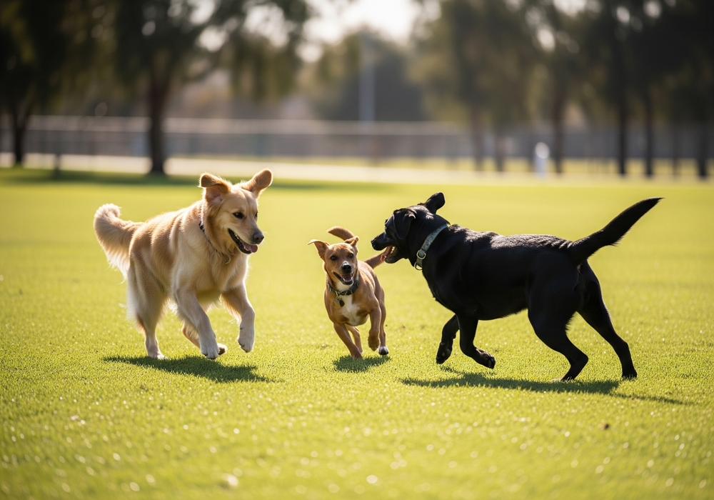 Dogs playing at a dog park at 20th Place Apartments